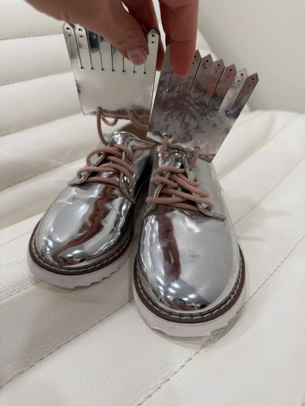Zara Metallic Silver Girls' Fringe Lace-Up Moccasins with Pink Laces